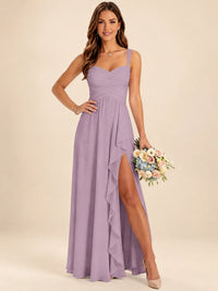 Spaghetti Straps Pleated Chiffon Bridesmaid Dress with Ruffle Slit