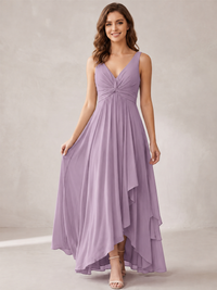 V-Neck High-Low Chiffon Bridesmaid Dress with Ruffles