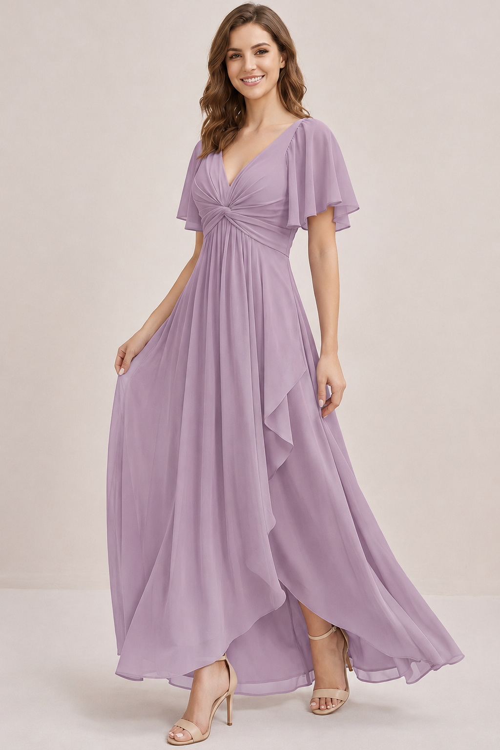 Dusty Blue Chiffon Bridesmaid Dress with Flutter Sleeves & High-Low Hem