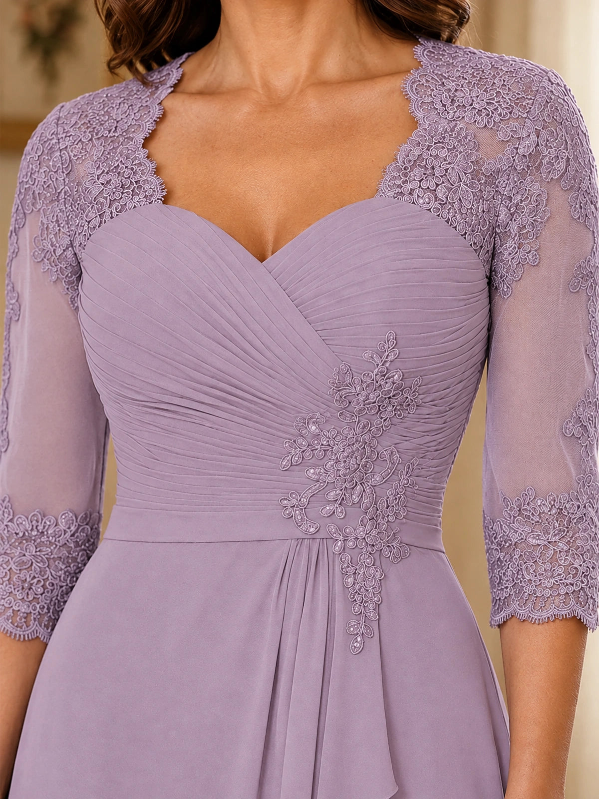 Chiffon Lace Applique Mother of the Bride Dress with 3/4 Sleeves