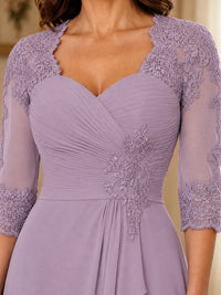 Chiffon Lace Applique Mother of the Bride Dress with 3/4 Sleeves