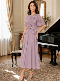 Tea-Length Chiffon Mother of the Bride Dress with Sequin Lace Sleeves
