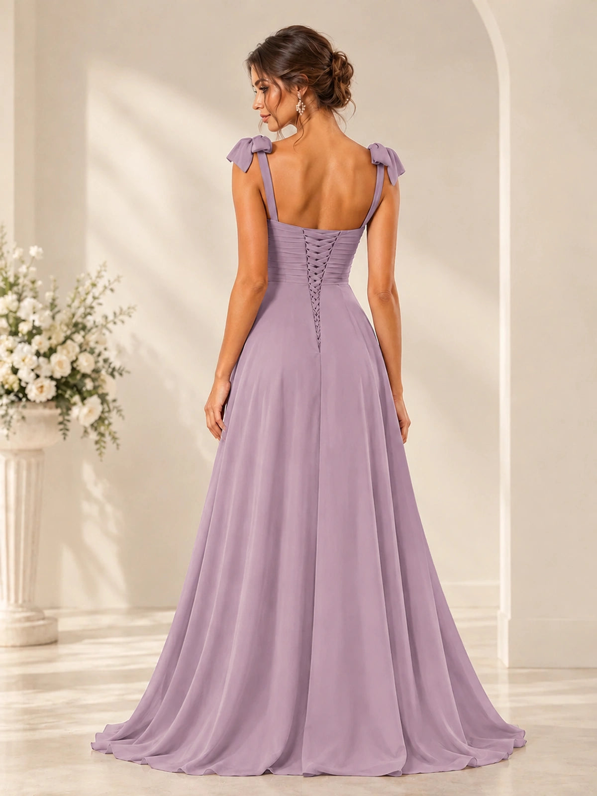 Ruffle Slit Chiffon A Line Scoop Neck Bridesmaid Dresses with Pockets