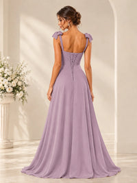 Ruffle Slit Chiffon A Line Scoop Neck Bridesmaid Dresses with Pockets