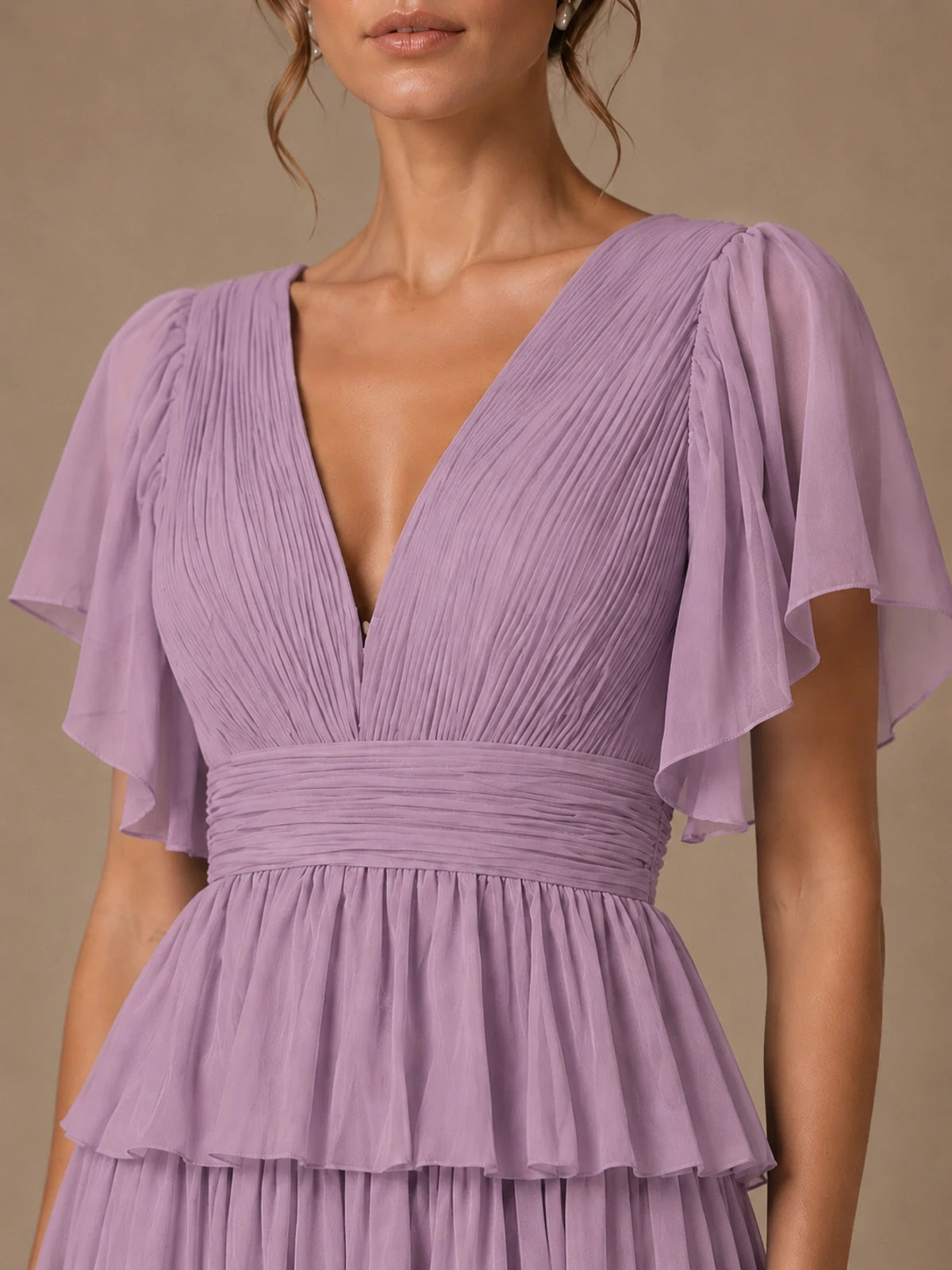 Chiffon V-Neck Tiered Ruffle Bridesmaid Dress with Slit