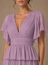 Chiffon V-Neck Tiered Ruffle Bridesmaid Dress with Slit