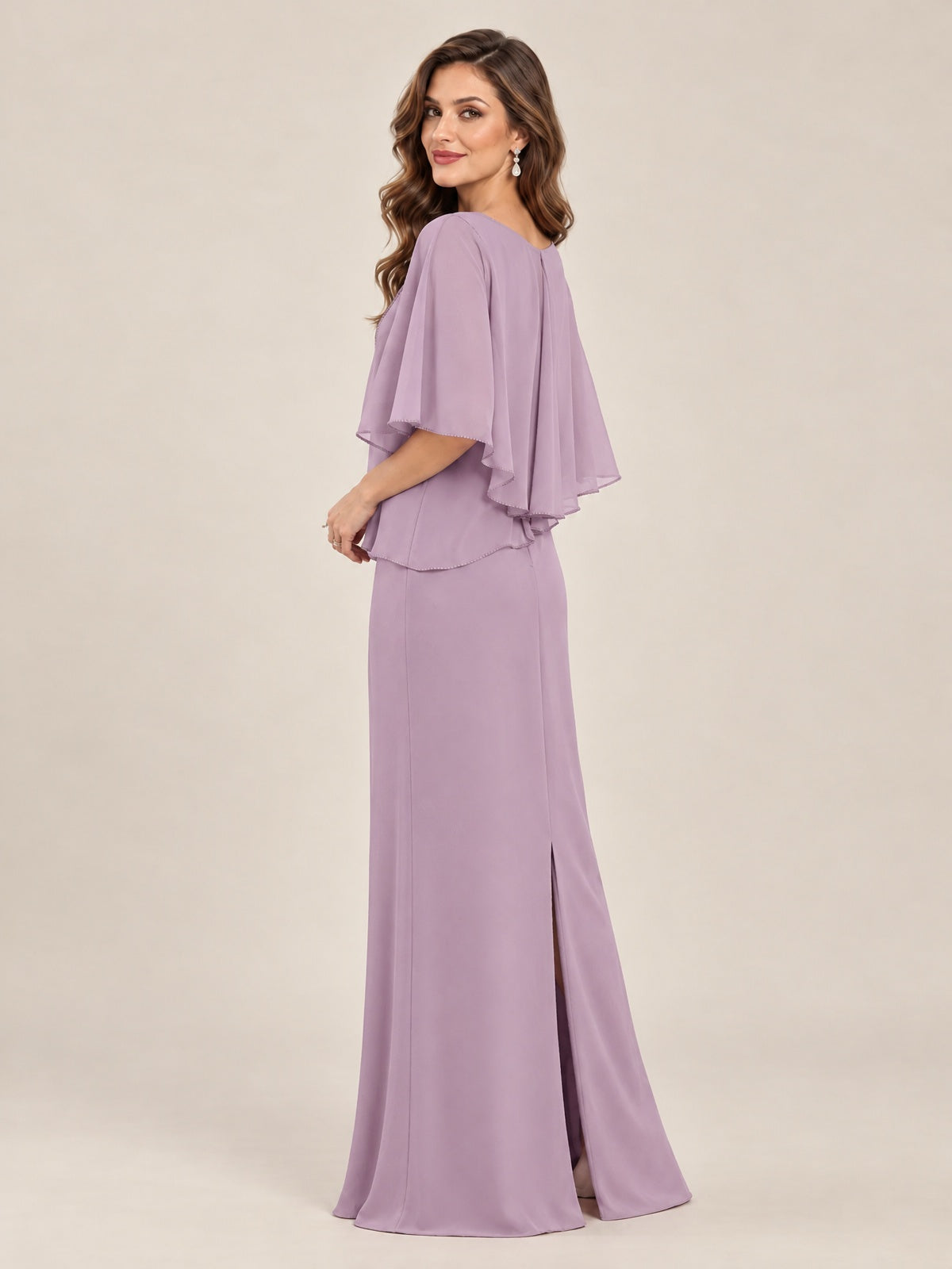 Cape Sleeve Mother of the Bride Dress with Asymmetrical Overlay