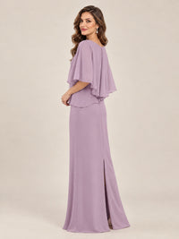 Cape Sleeve Mother of the Bride Dress with Asymmetrical Overlay