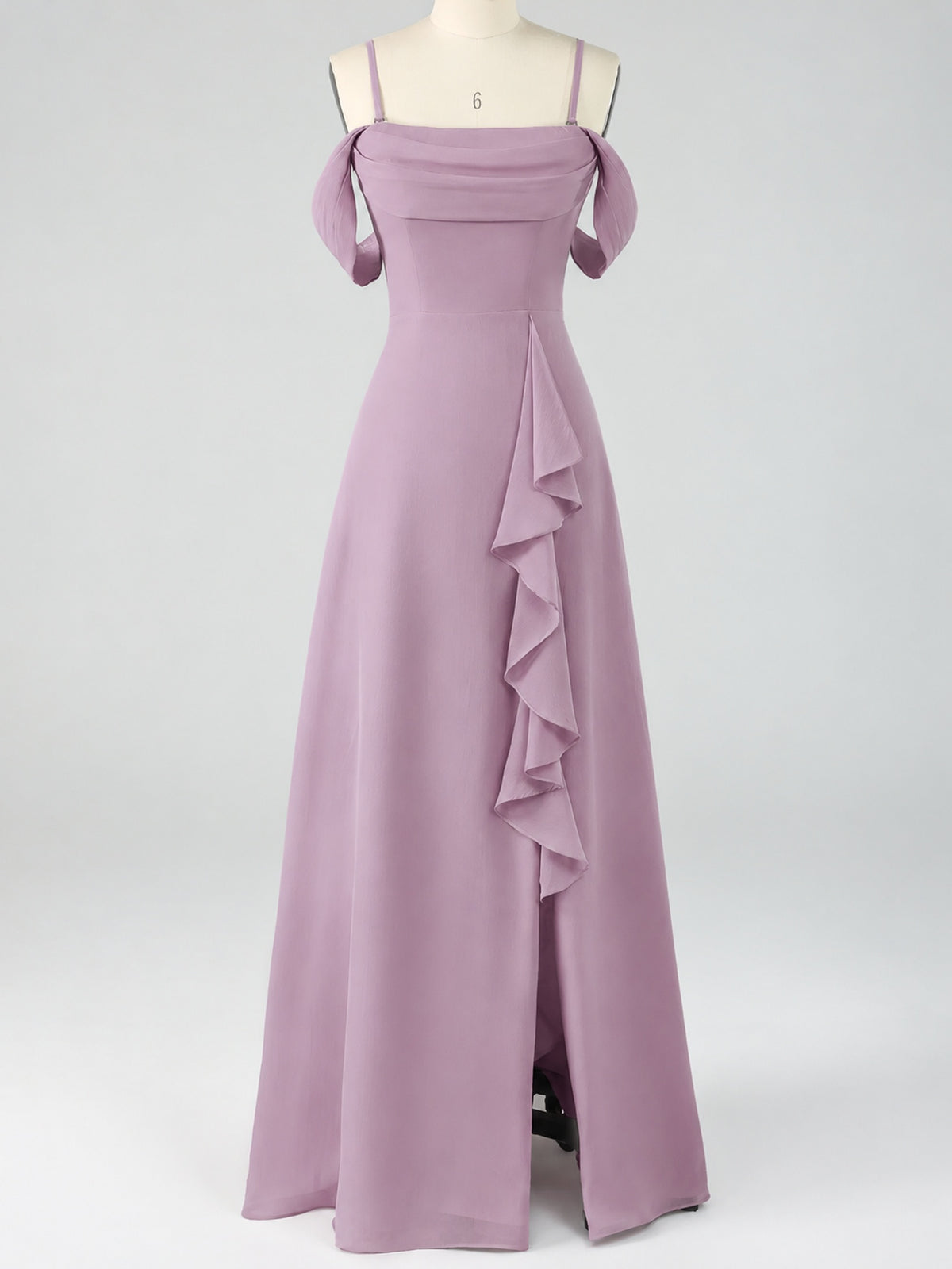Spaghetti Strap Chiffon Bridesmaid Dress with Ruffles Slit