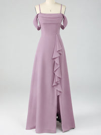 Spaghetti Strap Chiffon Bridesmaid Dress with Ruffles Slit