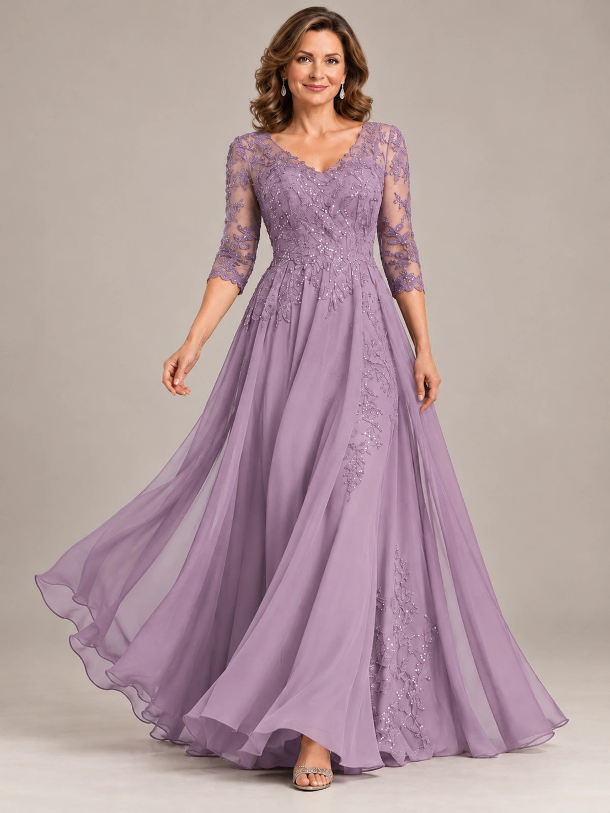 Sequin Lace A-Line Mother of the Bride Dress with 3/4 Sleeves