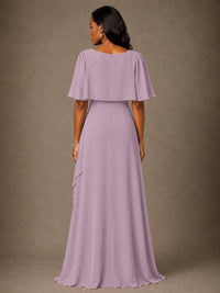 Taupe Chiffon A-Line Mother of the Bride Dress with Cape Sleeves