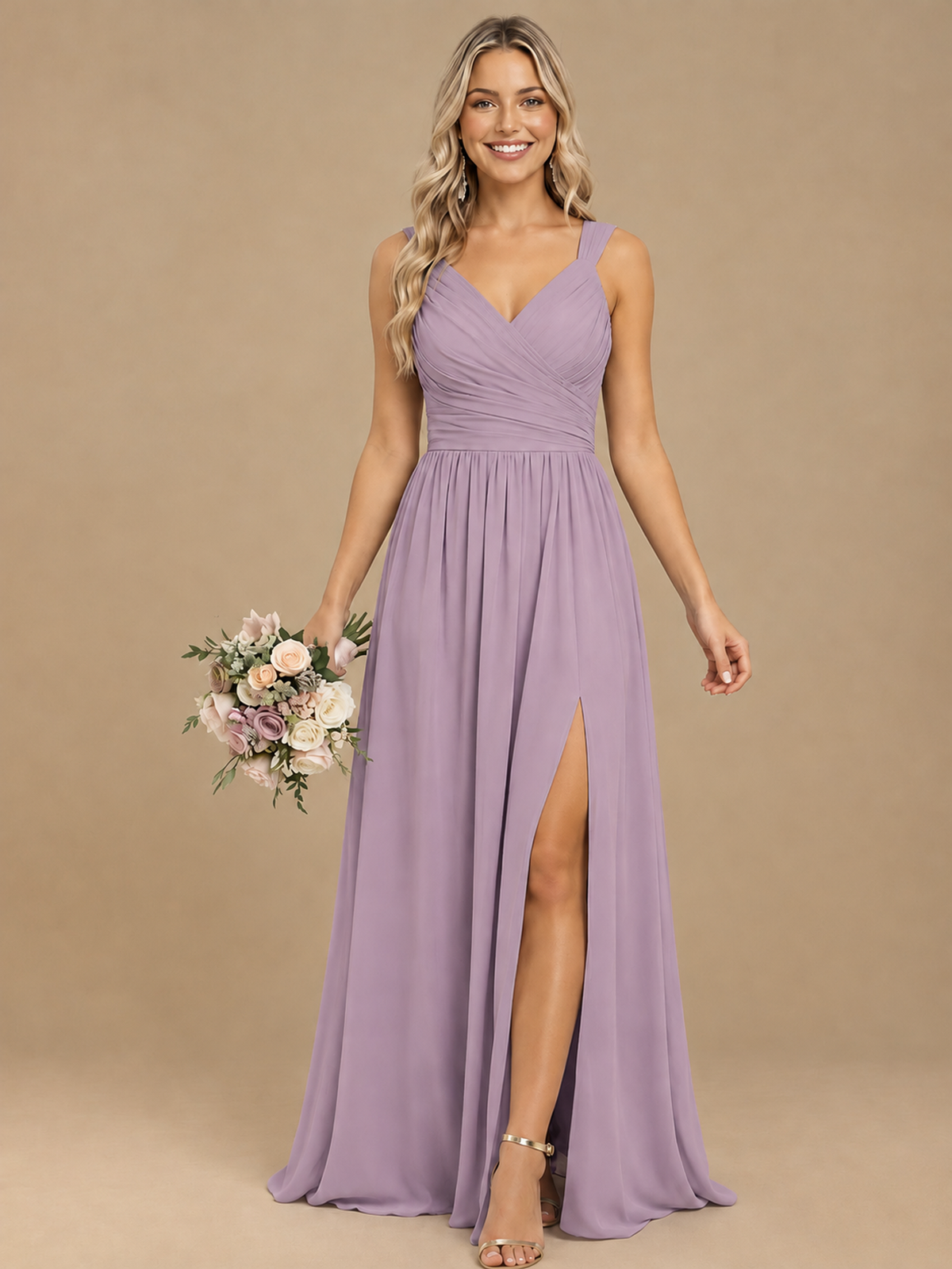 Pleated Chiffon V Neck Wedding Bridesmaid Dresses Floor Length with Slit