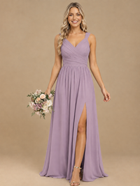 Pleated Chiffon V Neck Wedding Bridesmaid Dresses Floor Length with Slit