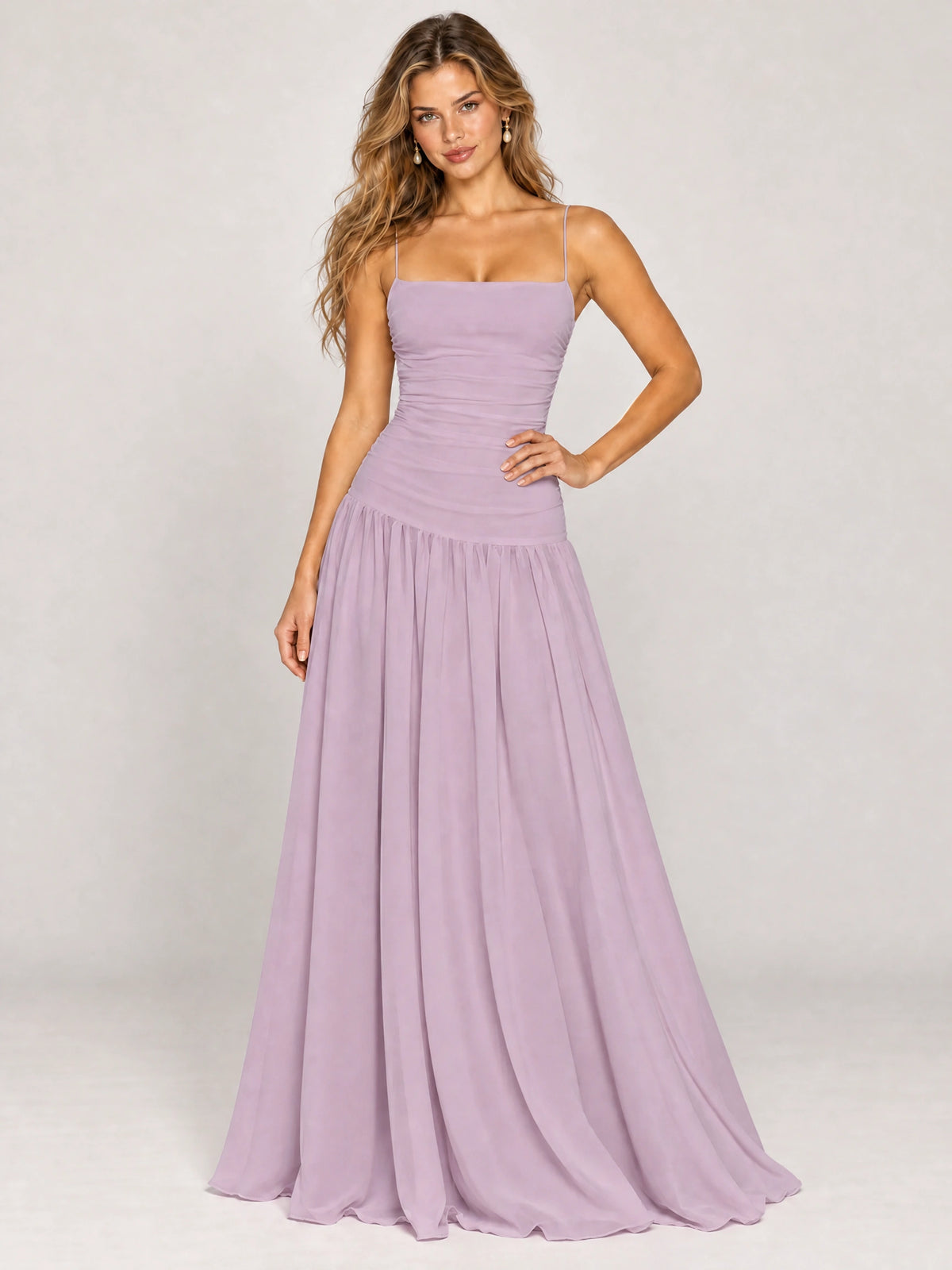 Butter Yellow Ruched Spaghetti Strap Drop-Waist Prom Dress