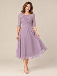 Tea-Length Mother of the Bride Dress with Lace 3/4 Sleeves