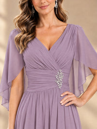 Ruched V Neck Mother of The Bride Dresses with Shawls Appliques and Cap Sleeves