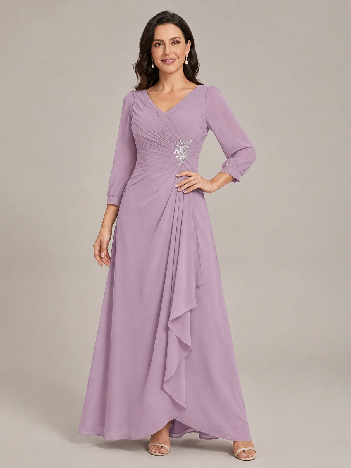 V-Neck Pleated Chiffon Mother of the Bride Dress with Flutter Sleeves