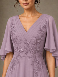 V-Neck Chiffon Lace Mother of the Bride Dress with Flutter Sleeves