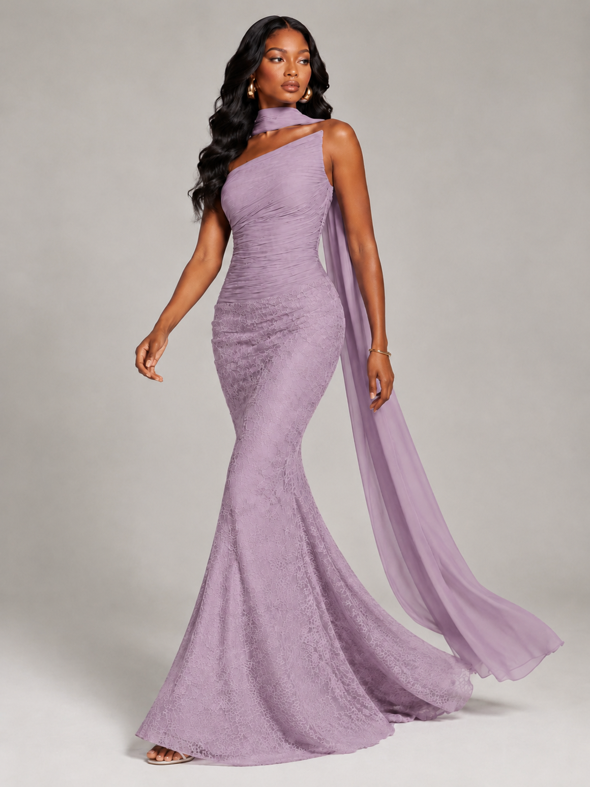 Pleated Chiffon Lace Prom Dresses Long Bodycon Mermaid with Scarf