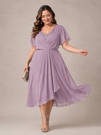 Navy Blue A-Line V-Neck Tea-Length Mother of the Bride Dress