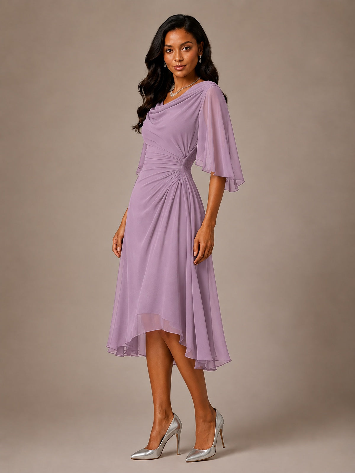 Cowl Neck Ruched Chiffon Mother of the Bride Dresses with Flutter Sleeves