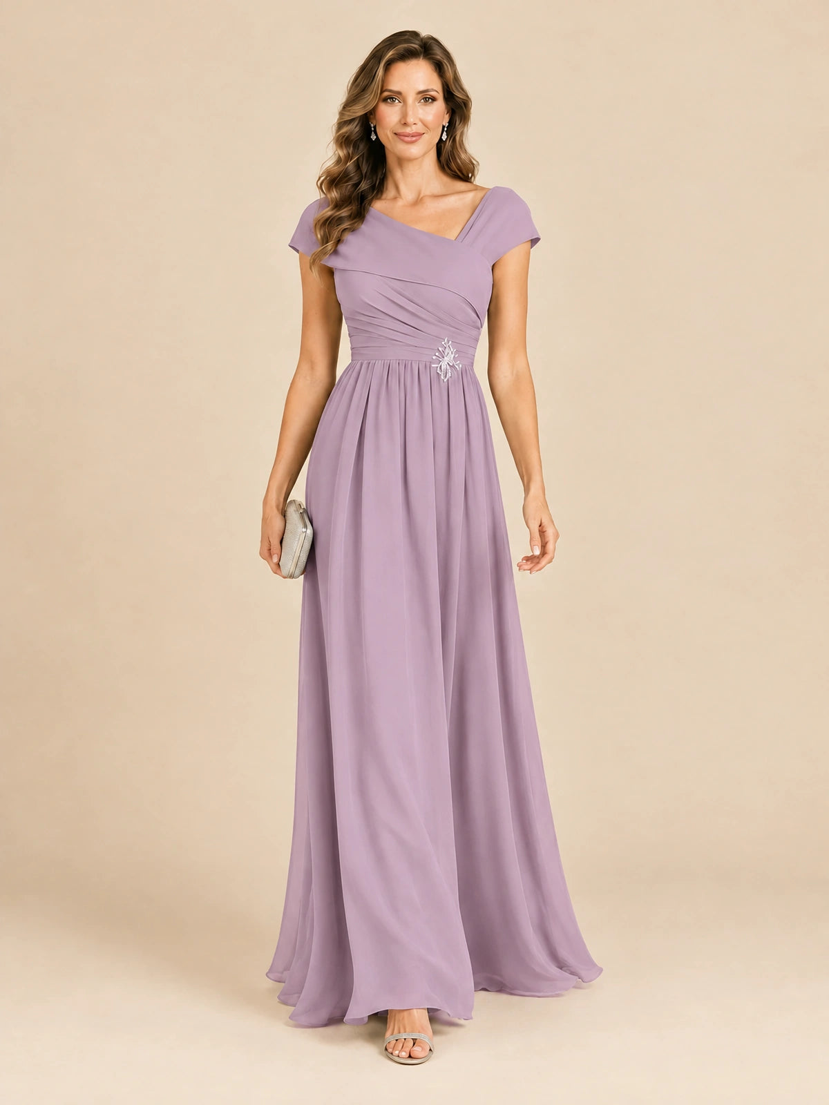 Cap Sleeve Mother of The Bride Dresses Long Chiffon Formal Gowns