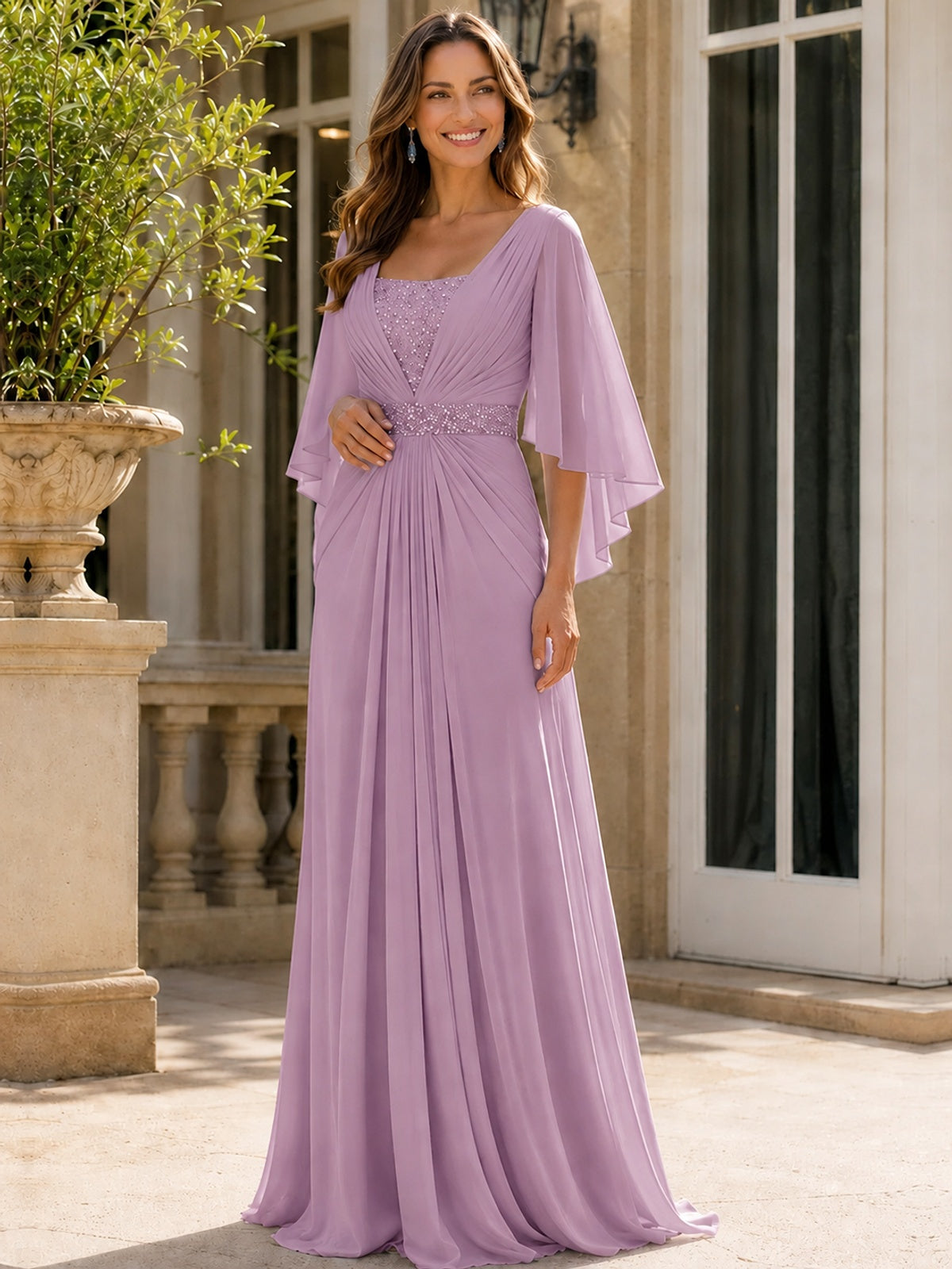 Elegant V-Neck Sequined Chiffon Mother of the Bride Dress with Flutter Sleeves