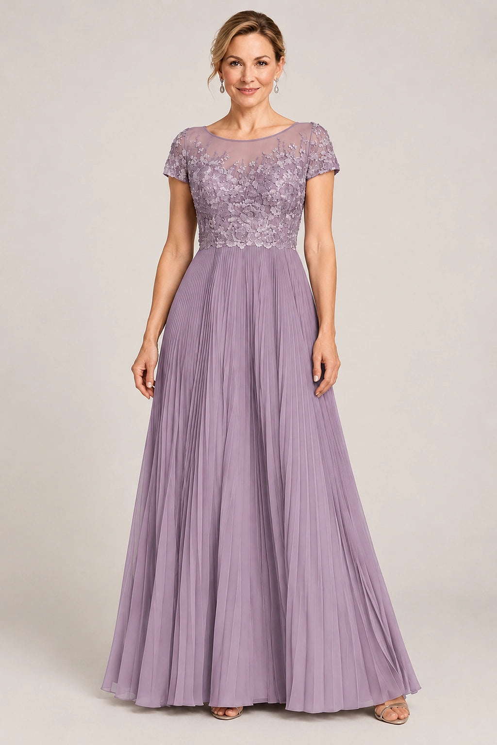 Embroidered Lace Pleated Mother of the Bride Dress