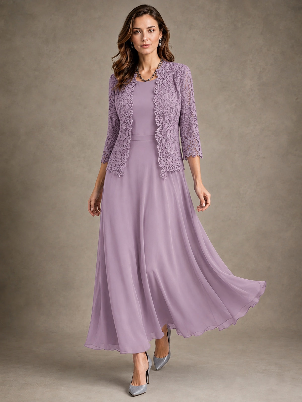 2-Piece Chiffon Mother of the Bride Dress with Lace Jacket