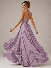 Halter V Neck Chiffon Formal Dress with Lace-Up Back and Ruffle Hem