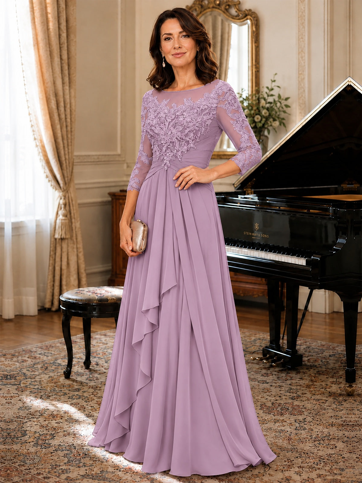 A-Line Chiffon Mother of the Bride Dress with Floral Applique 3/4 Sleeves