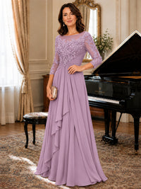 A-Line Chiffon Mother of the Bride Dress with Floral Applique 3/4 Sleeves