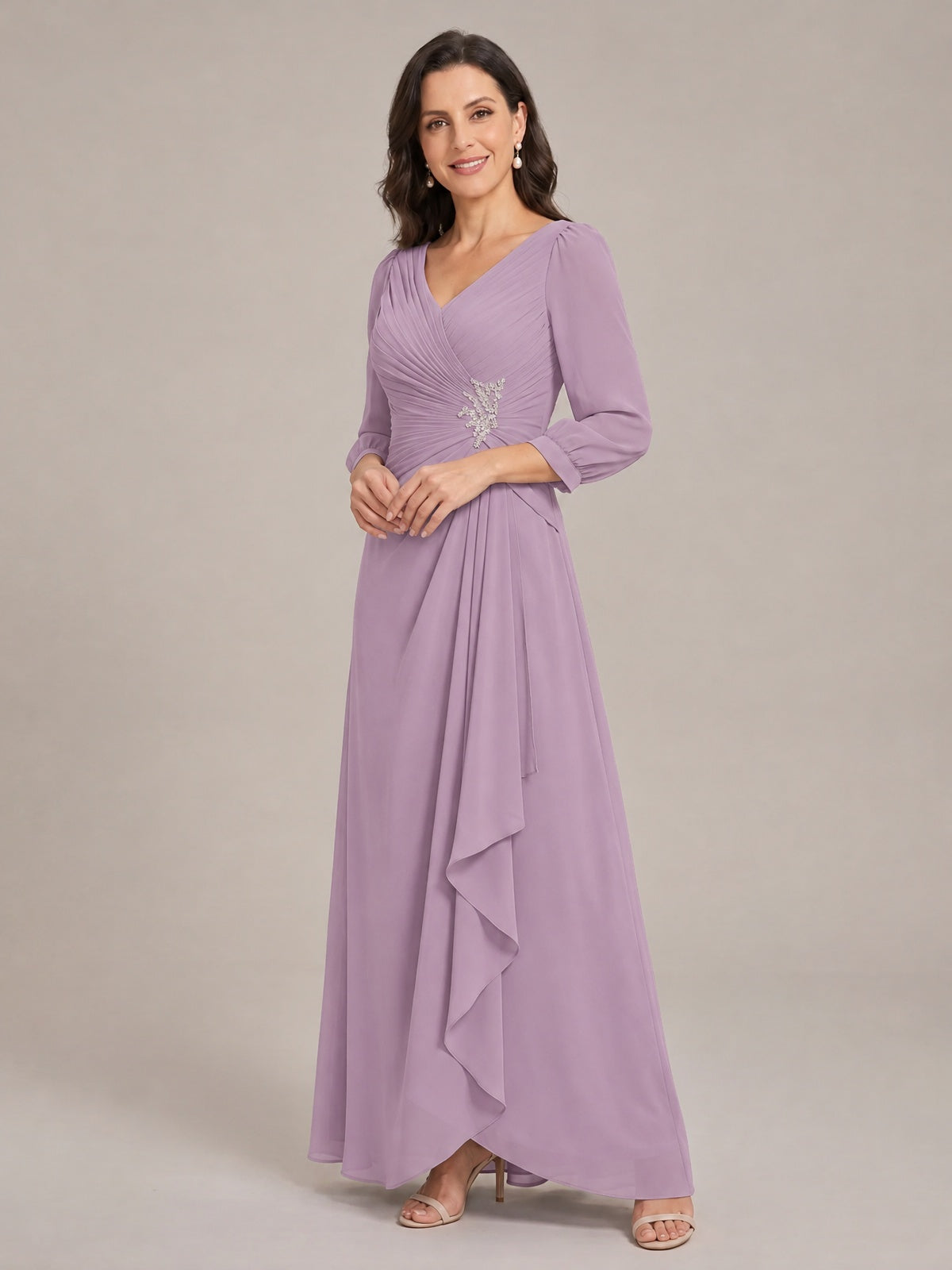 V-Neck Pleated Chiffon Mother of the Bride Dress with Flutter Sleeves