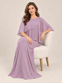 Cape Sleeve Mother of the Bride Dress with Asymmetrical Overlay