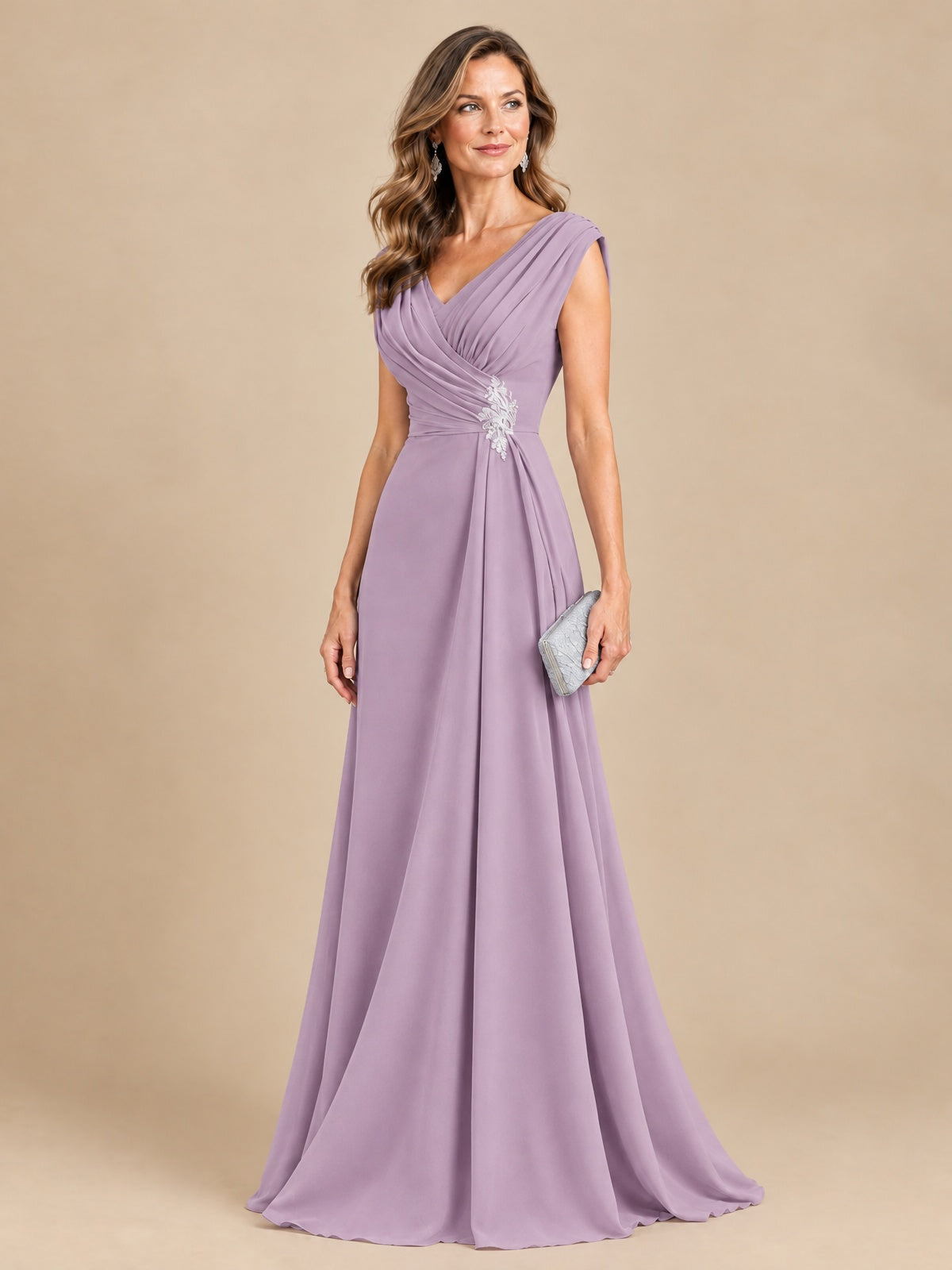 V Neck Pleated Mother of The Bride Dresses with Beading Cap Sleeves