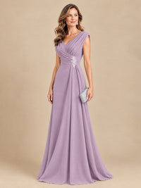 V Neck Pleated Mother of The Bride Dresses with Beading Cap Sleeves
