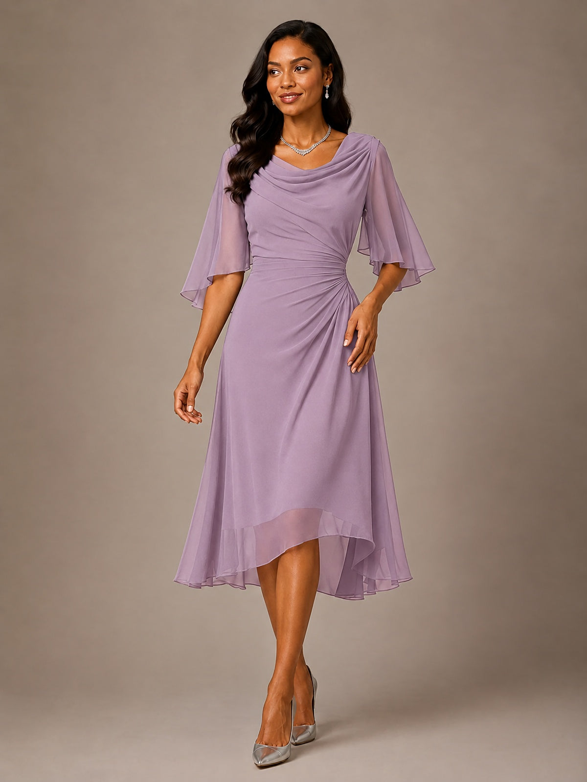 Cowl Neck Ruched Chiffon Mother of the Bride Dresses with Flutter Sleeves
