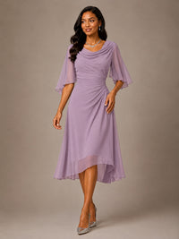 Cowl Neck Ruched Chiffon Mother of the Bride Dresses with Flutter Sleeves