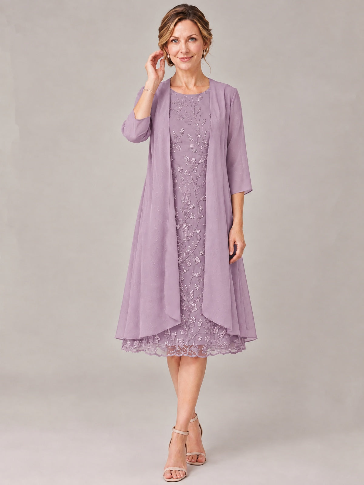 Tea Length Sequin Lace Mother of The Bride Dress with Chiffon Jacket