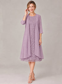 Tea Length Sequin Lace Mother of The Bride Dress with Chiffon Jacket