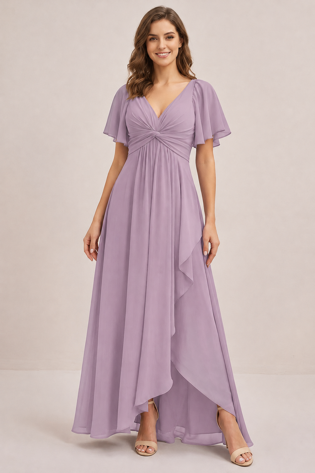 Dusty Blue Chiffon Bridesmaid Dress with Flutter Sleeves & High-Low Hem