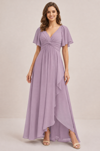 Dusty Blue Chiffon Bridesmaid Dress with Flutter Sleeves & High-Low Hem