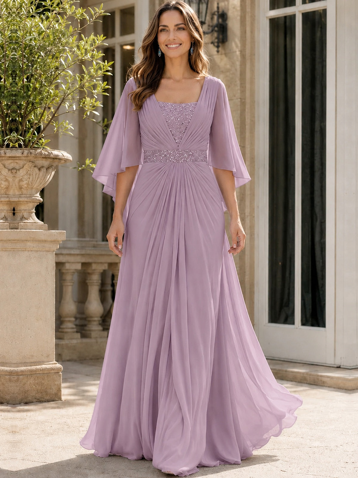 Elegant V-Neck Sequined Chiffon Mother of the Bride Dress with Flutter Sleeves