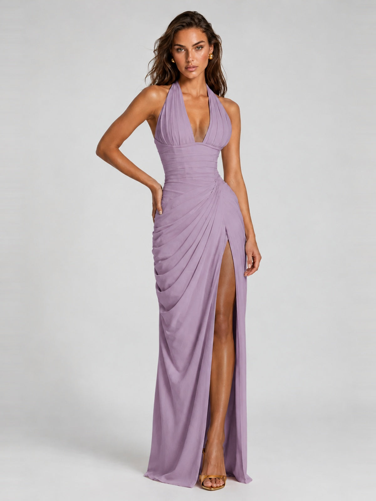 Ruched Halter Neck High-Slit Prom & Evening Dress