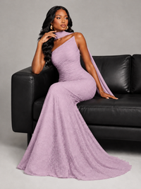 Pleated Chiffon Lace Prom Dresses Long Bodycon Mermaid with Scarf