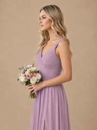 Pleated Chiffon V Neck Wedding Bridesmaid Dresses Floor Length with Slit
