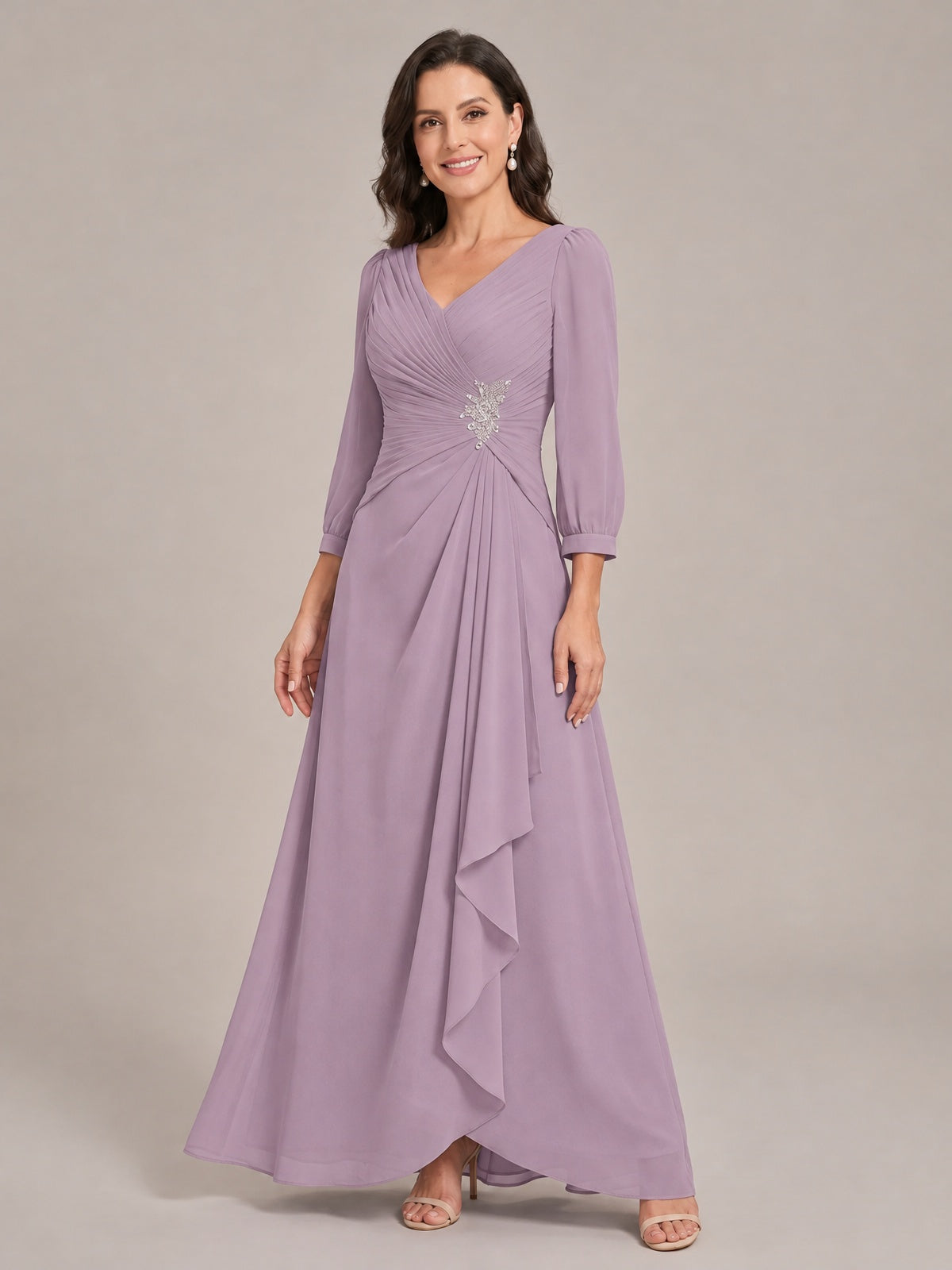 V-Neck Pleated Chiffon Mother of the Bride Dress with Flutter Sleeves