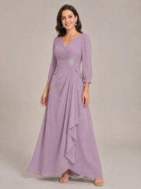 V-Neck Pleated Chiffon Mother of the Bride Dress with Flutter Sleeves