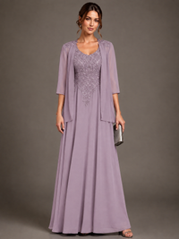 A-line 2 Pieces Chiffon Appliques Mother of The Bride Dresses with Jackets